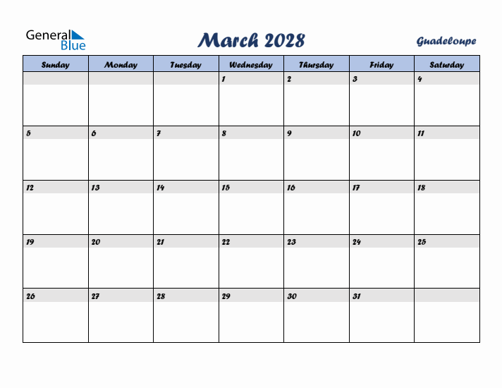 March 2028 Calendar with Holidays in Guadeloupe