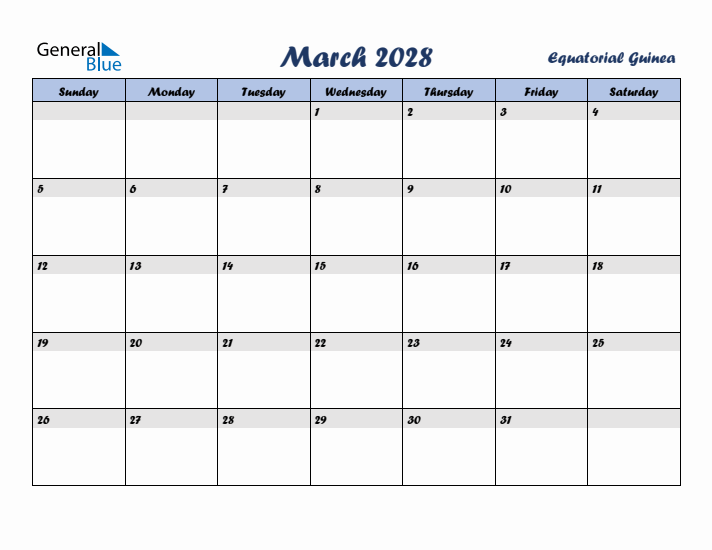 March 2028 Calendar with Holidays in Equatorial Guinea