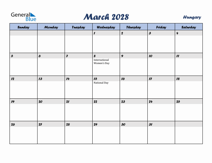 March 2028 Calendar with Holidays in Hungary