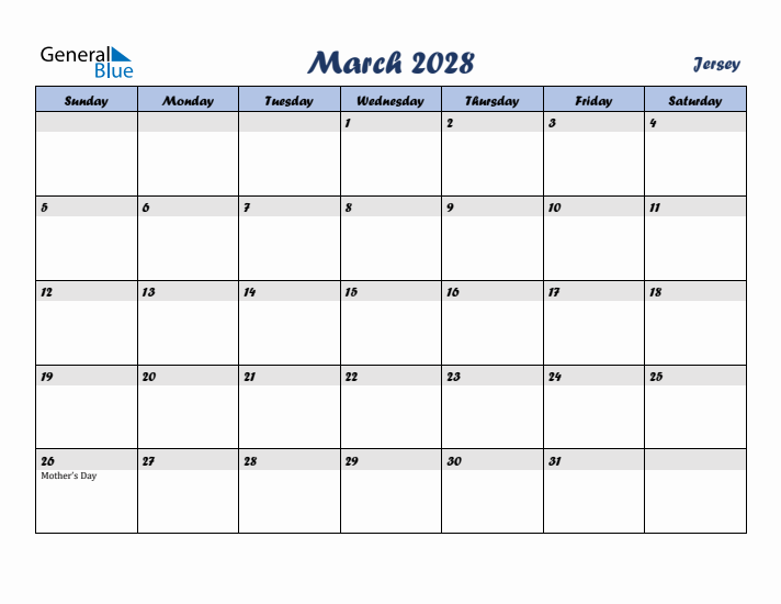 March 2028 Calendar with Holidays in Jersey