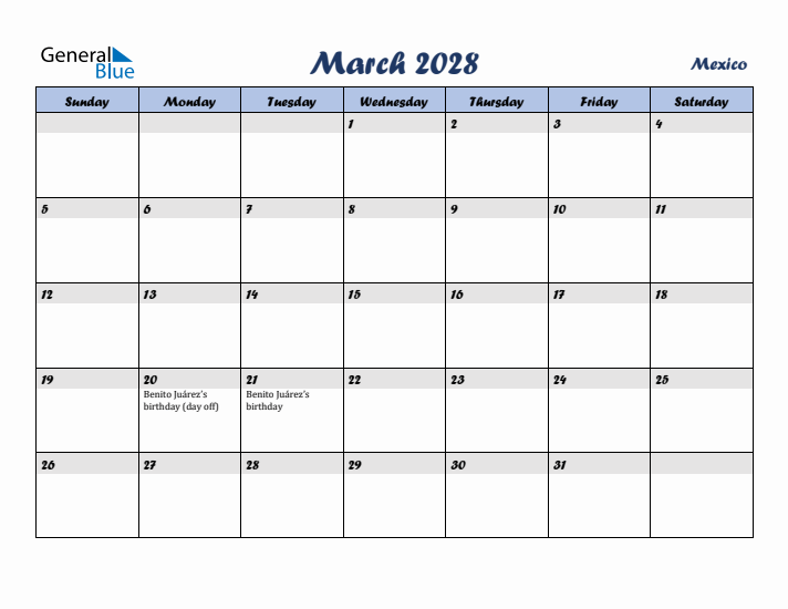 March 2028 Calendar with Holidays in Mexico