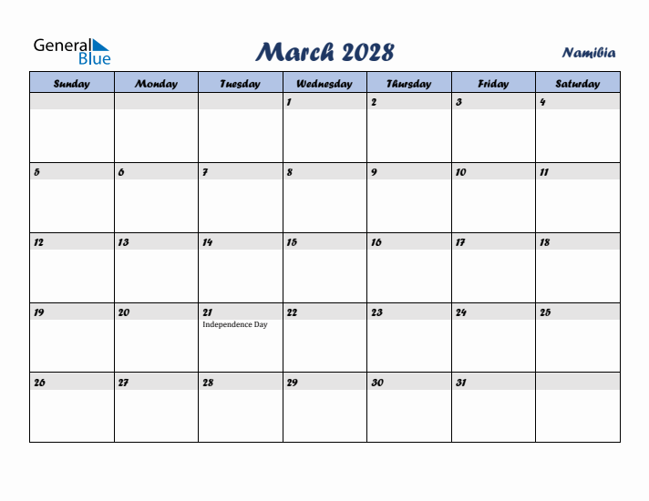March 2028 Calendar with Holidays in Namibia