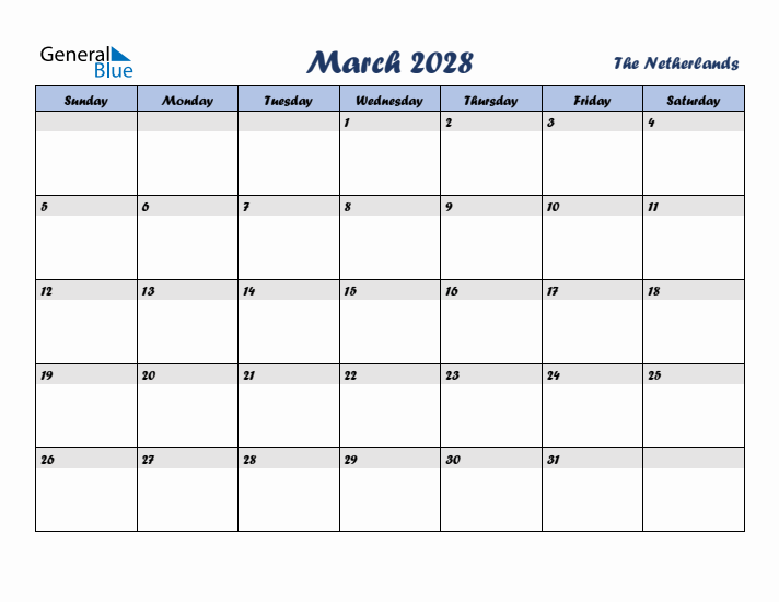 March 2028 Calendar with Holidays in The Netherlands