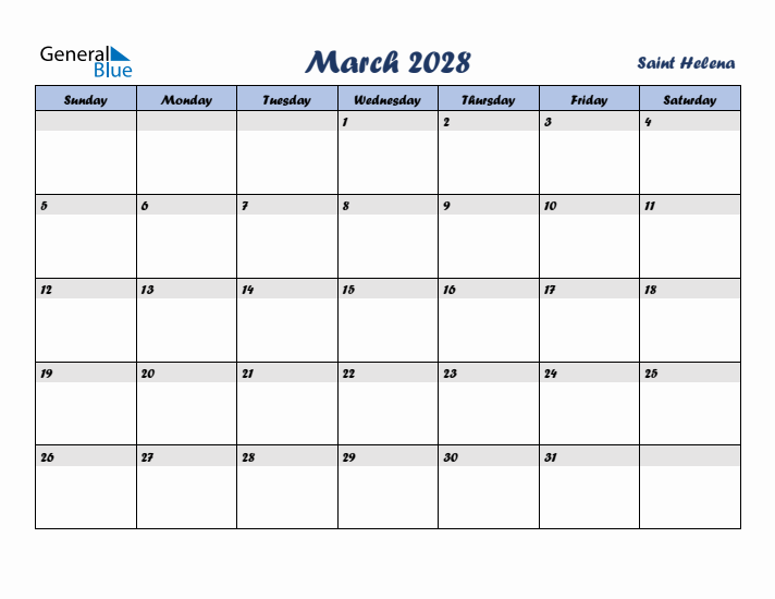March 2028 Calendar with Holidays in Saint Helena