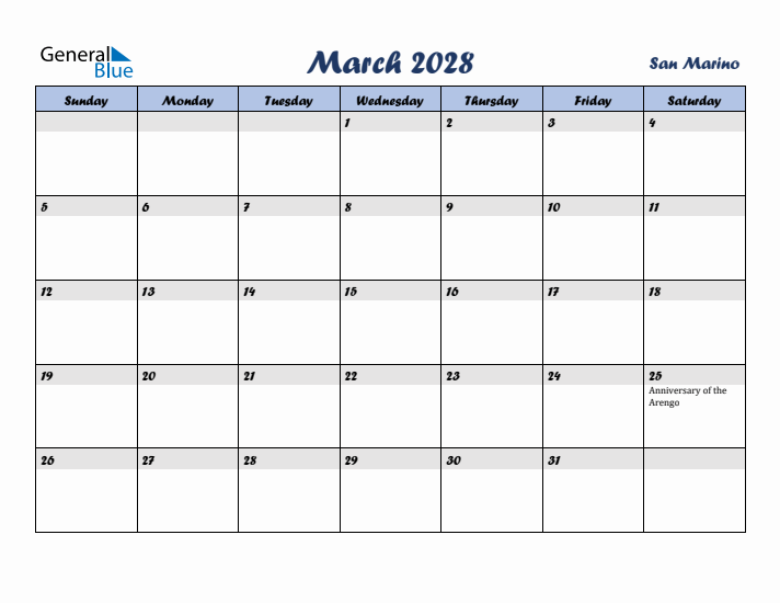 March 2028 Calendar with Holidays in San Marino