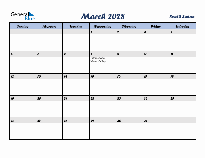 March 2028 Calendar with Holidays in South Sudan