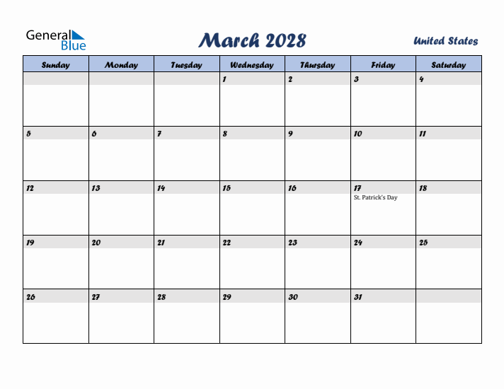 March 2028 Calendar with Holidays in United States