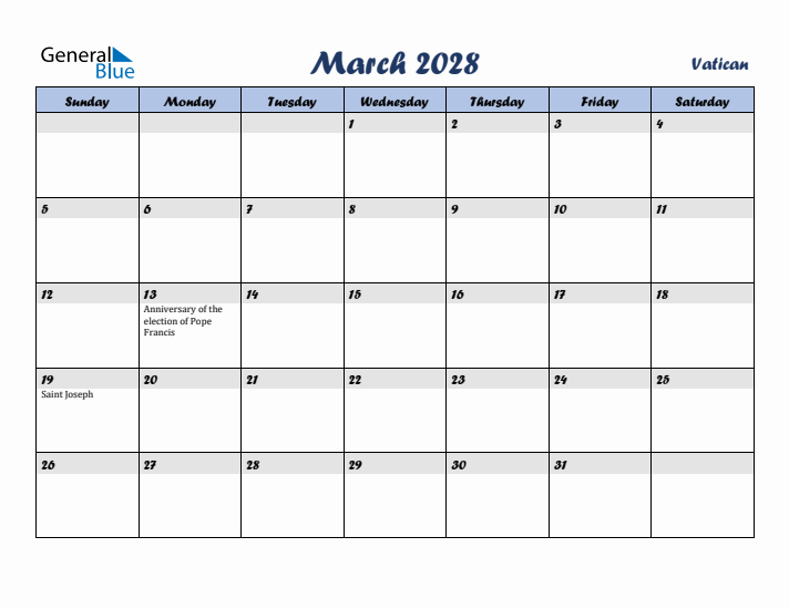 March 2028 Calendar with Holidays in Vatican