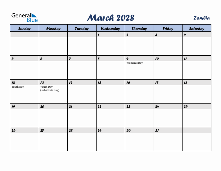 March 2028 Calendar with Holidays in Zambia