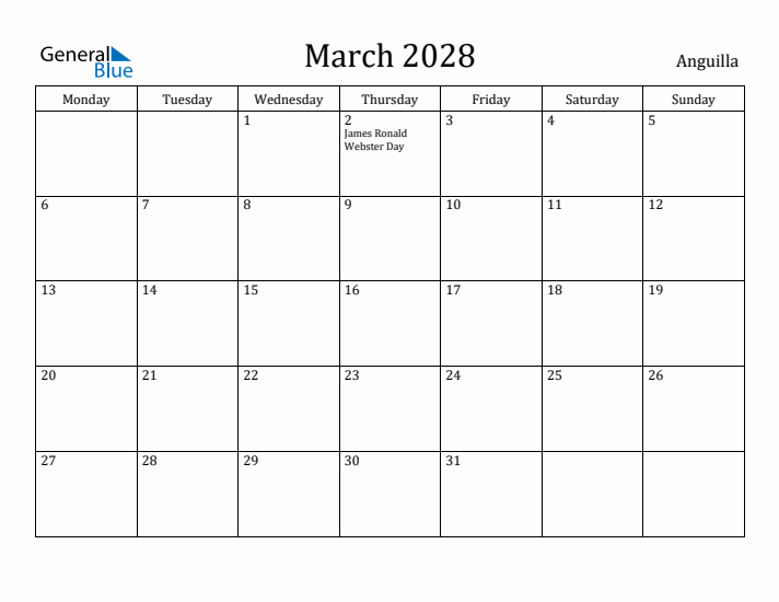 March 2028 Calendar Anguilla