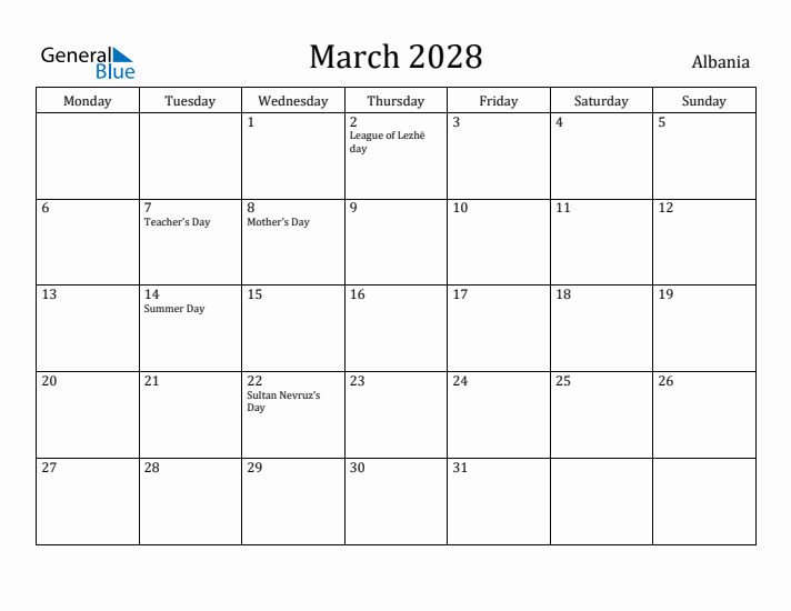 March 2028 Calendar Albania