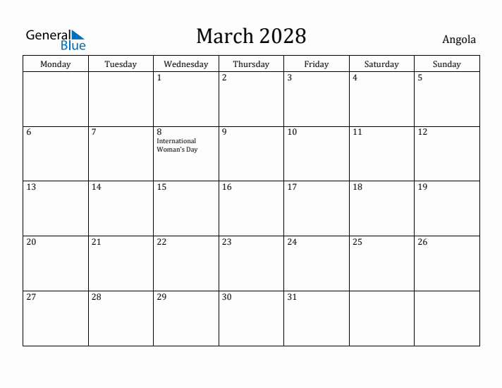 March 2028 Calendar Angola