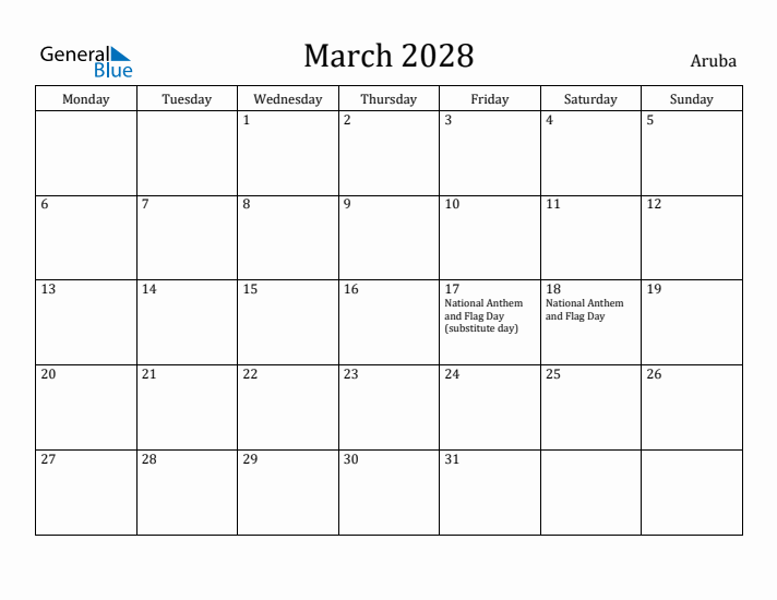 March 2028 Calendar Aruba