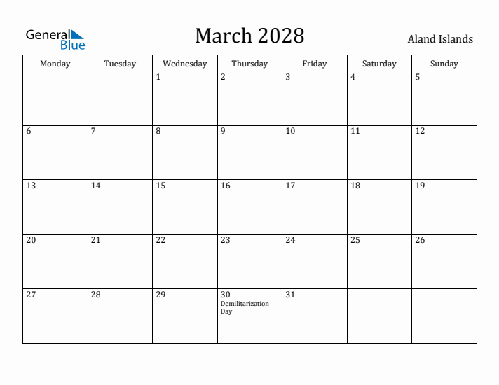 March 2028 Calendar Aland Islands