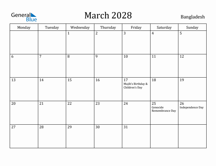 March 2028 Calendar Bangladesh