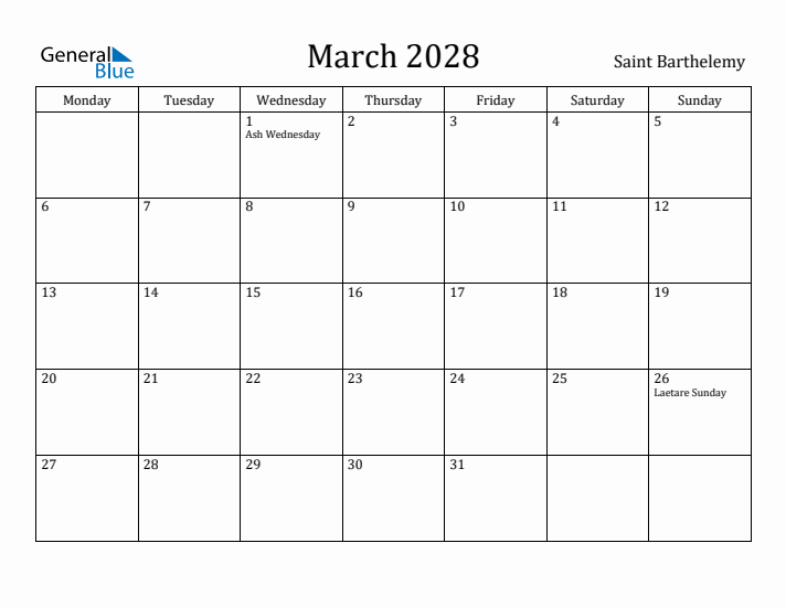 March 2028 Calendar Saint Barthelemy