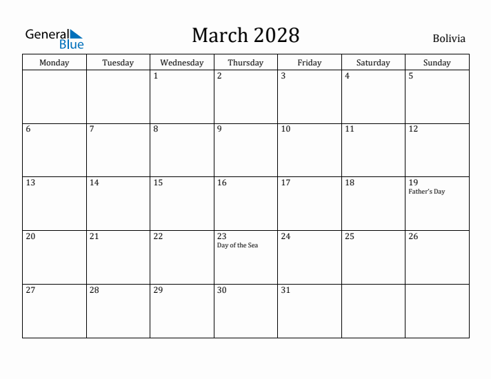 March 2028 Calendar Bolivia