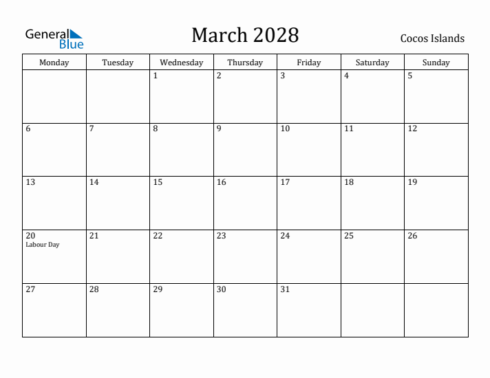 March 2028 Calendar Cocos Islands