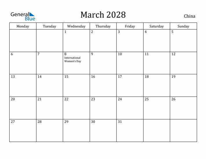 March 2028 Calendar China