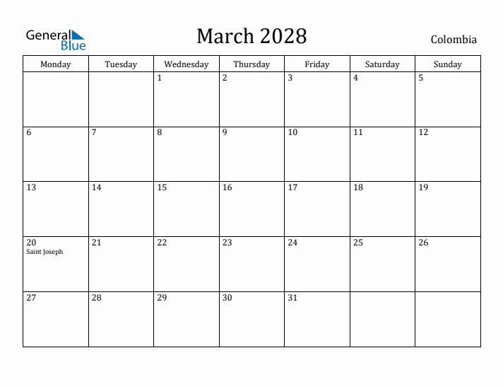 March 2028 Calendar Colombia