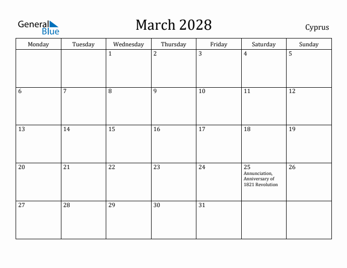 March 2028 Calendar Cyprus