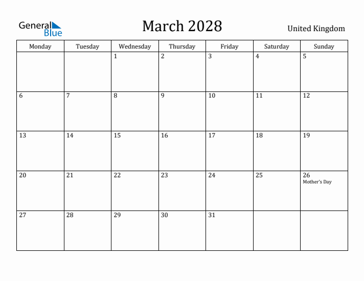 March 2028 Calendar United Kingdom