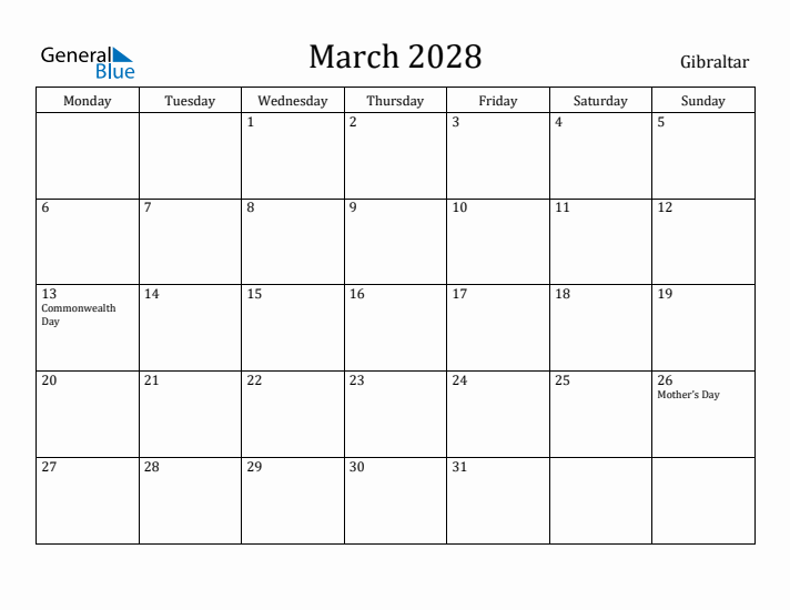 March 2028 Calendar Gibraltar
