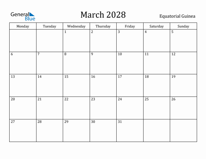 March 2028 Calendar Equatorial Guinea