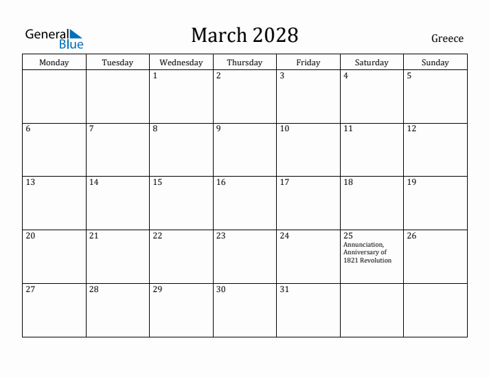 March 2028 Calendar Greece