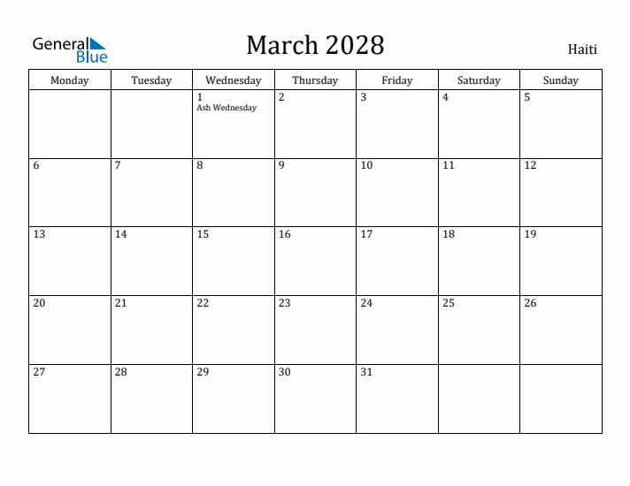 March 2028 Calendar Haiti