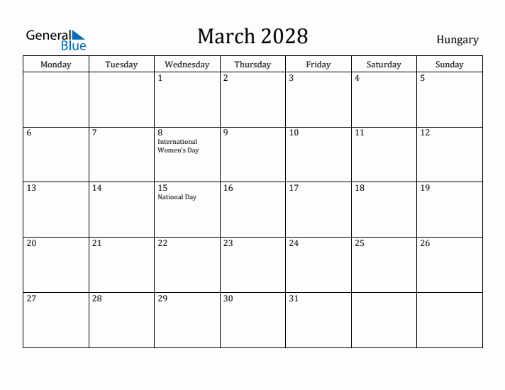 March 2028 Calendar Hungary