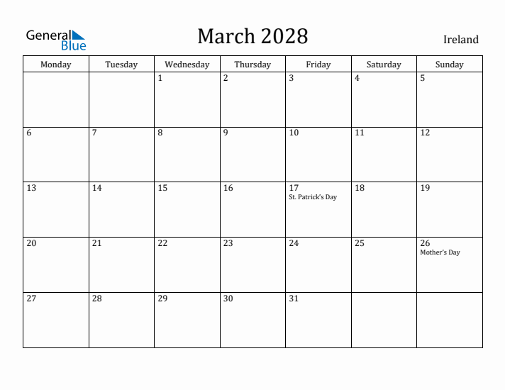 March 2028 Calendar Ireland