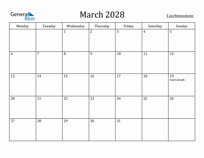 March 2028 Calendar Liechtenstein