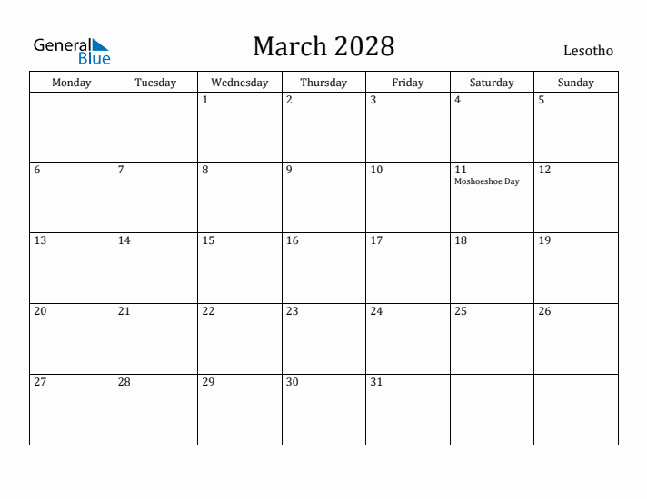 March 2028 Calendar Lesotho