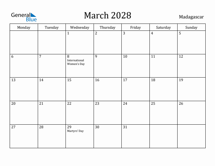 March 2028 Calendar Madagascar