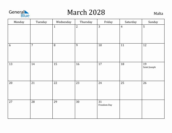 March 2028 Calendar Malta