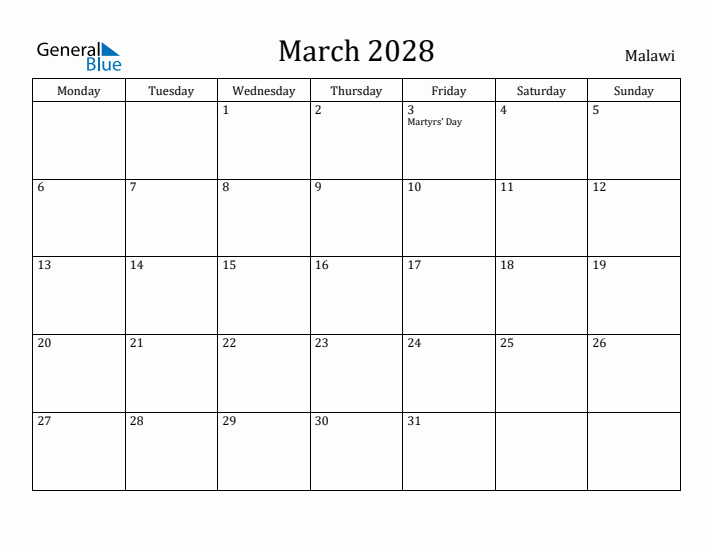 March 2028 Calendar Malawi