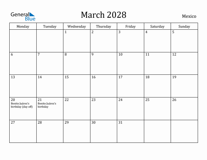 March 2028 Calendar Mexico