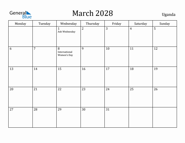 March 2028 Calendar Uganda