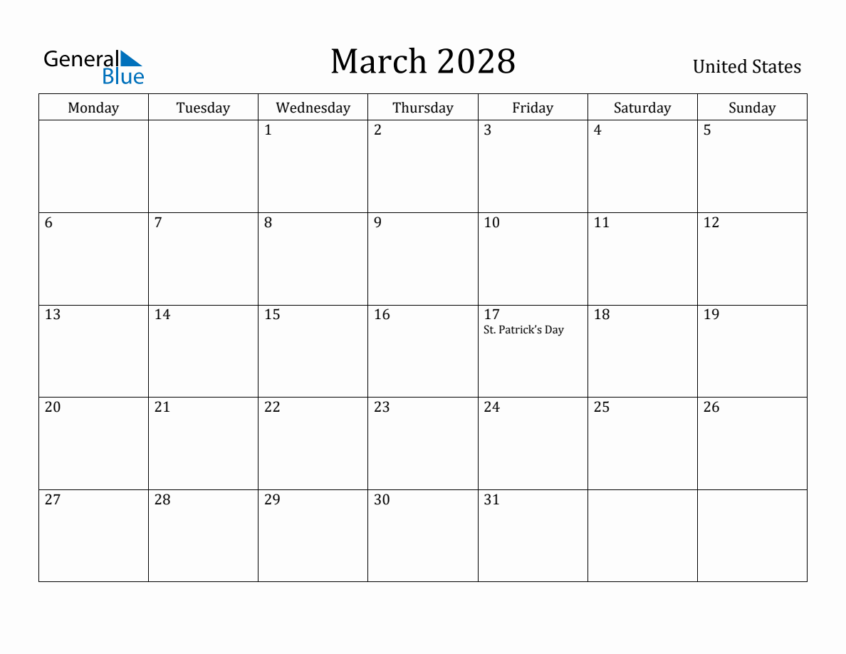 March 2028 - United States Monthly Calendar with Holidays