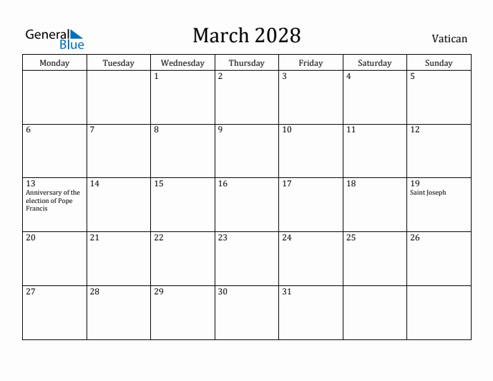 March 2028 Calendar Vatican