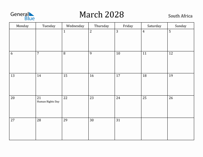 March 2028 Calendar South Africa