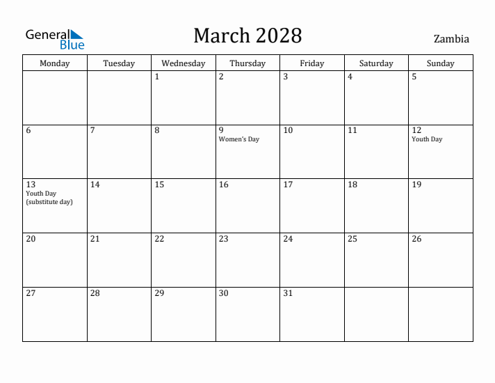 March 2028 Calendar Zambia