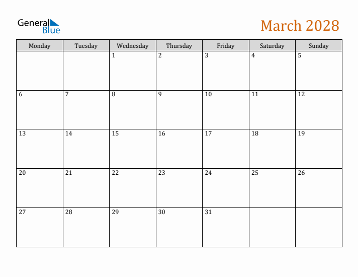 Editable March 2028 Calendar