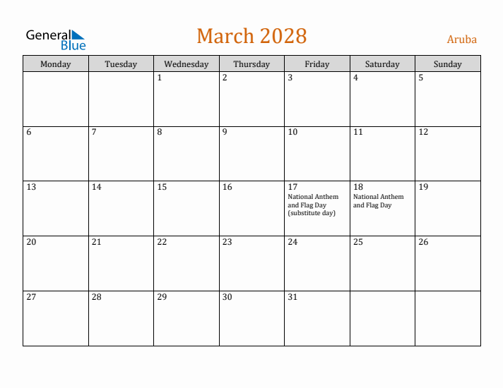 March 2028 Holiday Calendar with Monday Start