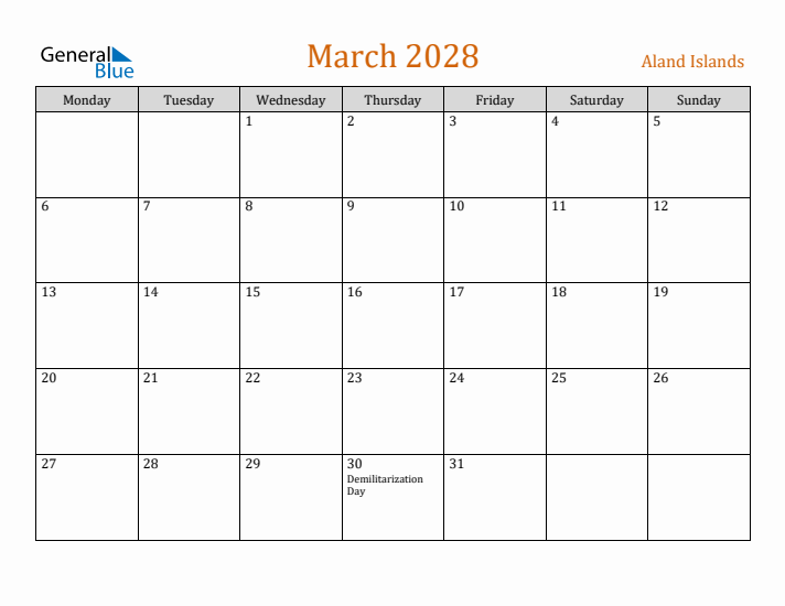 March 2028 Holiday Calendar with Monday Start