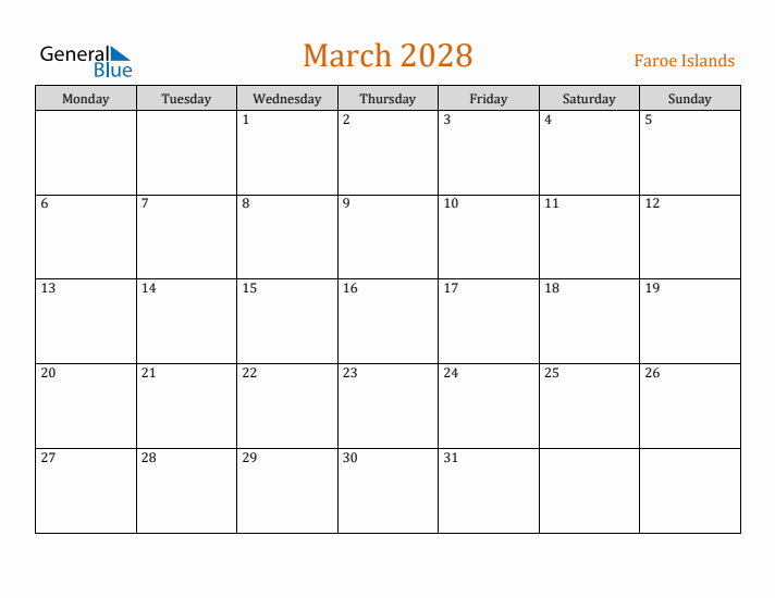 March 2028 Holiday Calendar with Monday Start