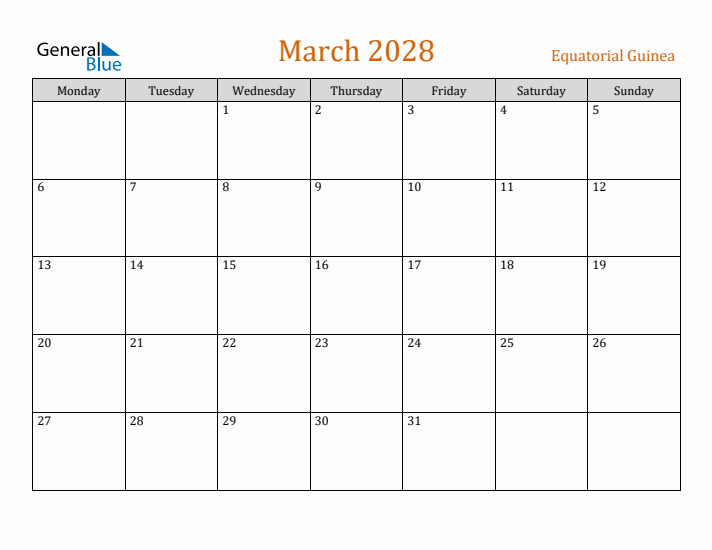 March 2028 Holiday Calendar with Monday Start