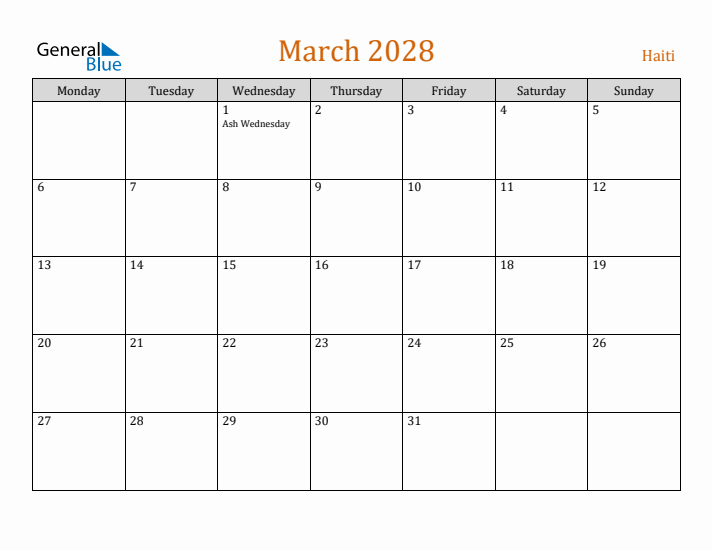 March 2028 Holiday Calendar with Monday Start