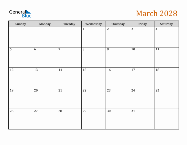 Editable March 2028 Calendar